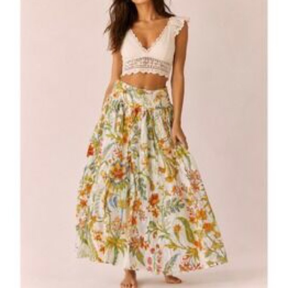 Rachel Zoe Linen Blend Floral Maxi Skirt Size M Rope Belt Pockets